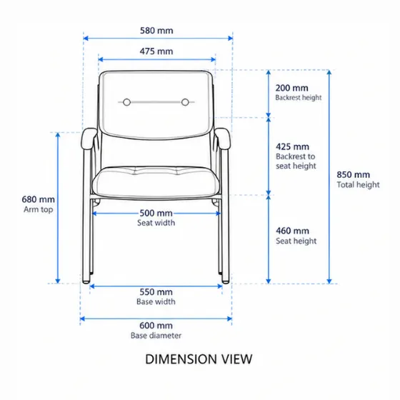Close-up of black visitor chair upholstery and chrome-finish metal frame