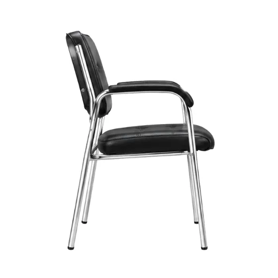 Rear view of black upholstered visitor chair with metal frame
