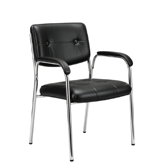 Black upholstered office visitor chair with padded armrests and chrome-finish metal legs